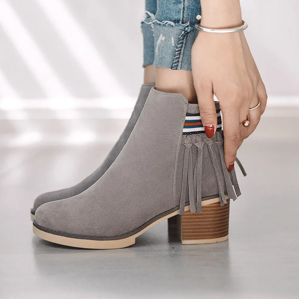 Fringe Zip Up Square Heels Ankle Boots Shoes