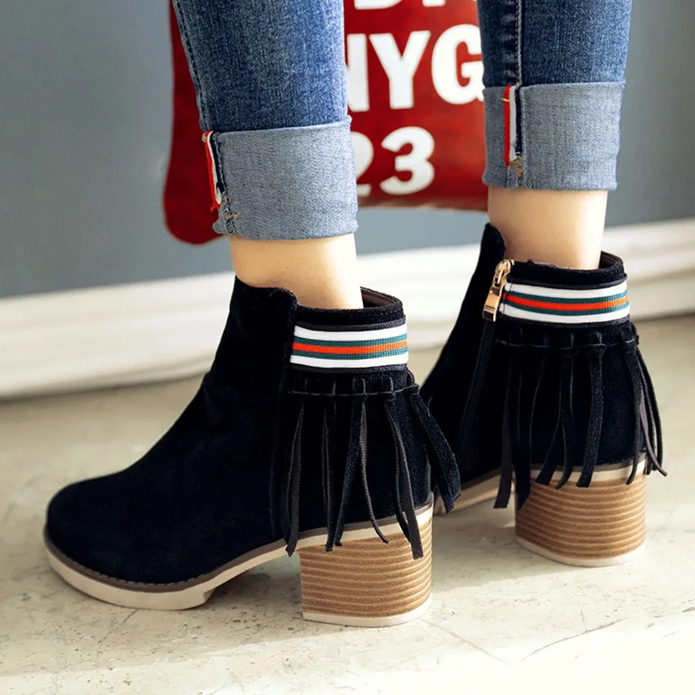 Fringe Zip Up Square Heels Ankle Boots Shoes