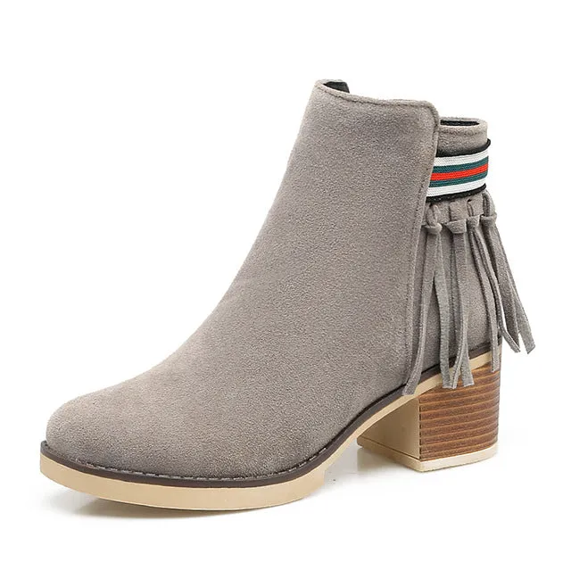 Fringe Zip Up Square Heels Ankle Boots Shoes