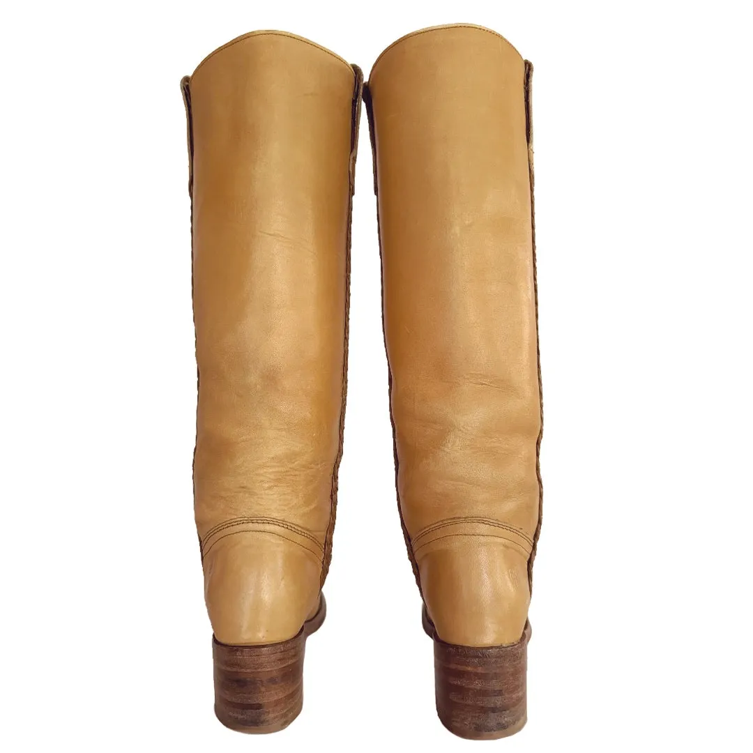 FRYE Vintage Campus Sabrina Braided Tall Knee High Tan Leather Boots