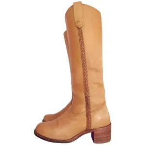 FRYE Vintage Campus Sabrina Braided Tall Knee High Tan Leather Boots