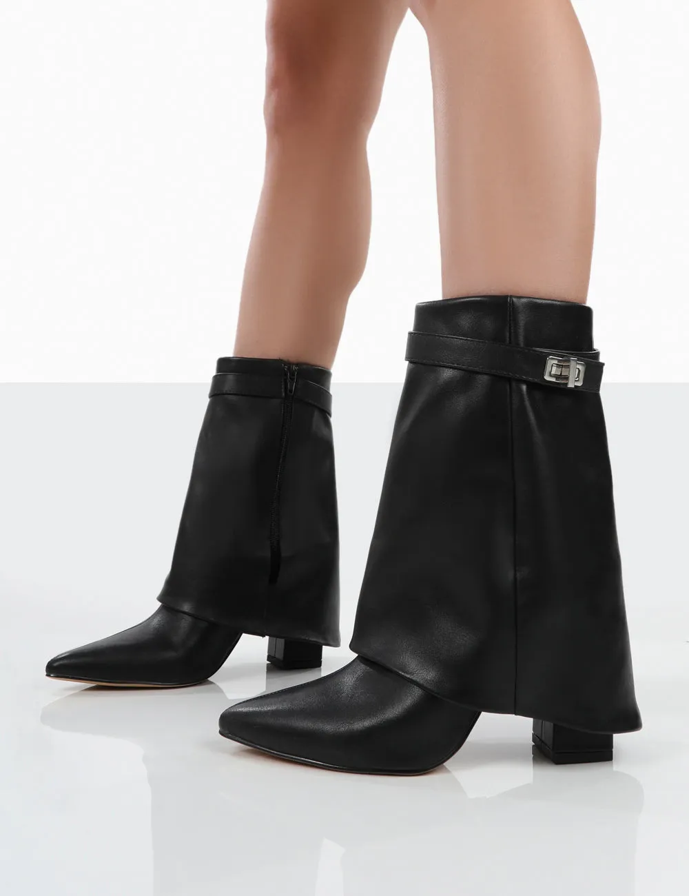 Fyre Wide Fit Black Pointed Toe Block Heeled Ankle Boots