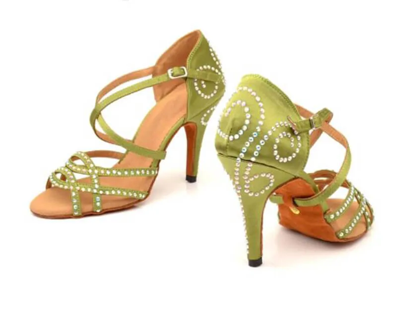 Green Satin Rhinestone Ballroom Dance Shoes Latin Salsa Dance Shoes