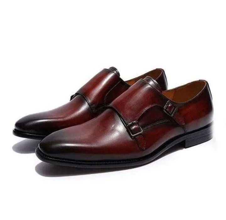 Handmade Men's Leather Burgundy Double Monk Shoe