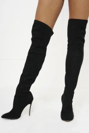 Honey Couture ELIZA Black Knee High Suede Look Blade Heel Boots