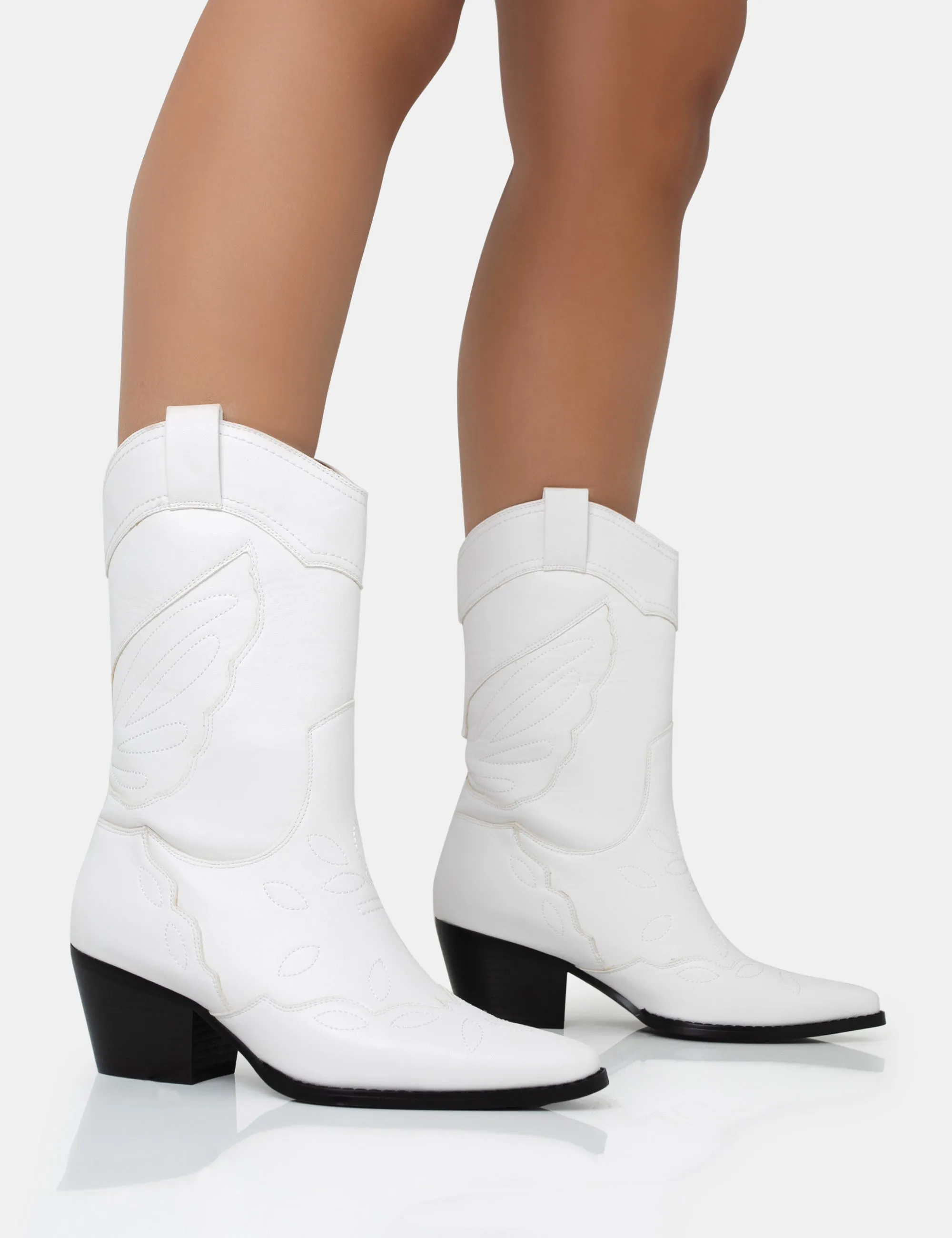 Howdy White Pu Pointed Toe Western Cowboy Block Ankle Boots