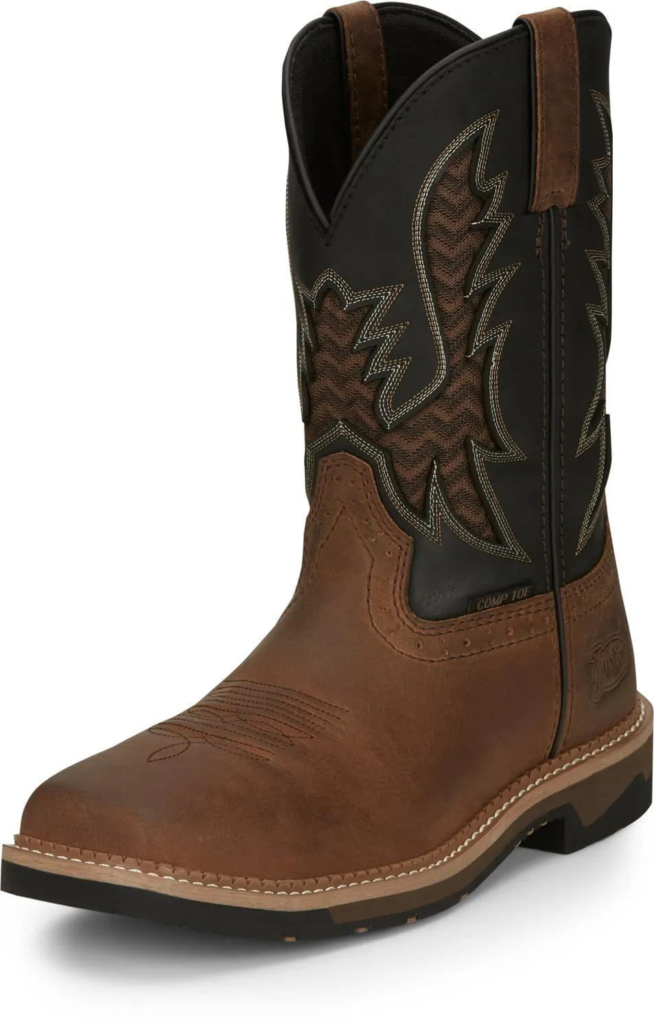 Justin 11in Water Buffalo CT Mens Pecan/Black Bolt Leather Work Boots