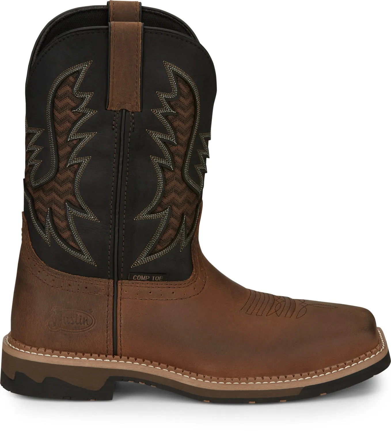 Justin 11in Water Buffalo CT Mens Pecan/Black Bolt Leather Work Boots