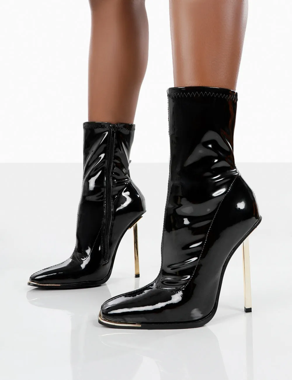 Kenza X Public Desire Lou Lou Black Patent Stiletto Heel Sock Boots