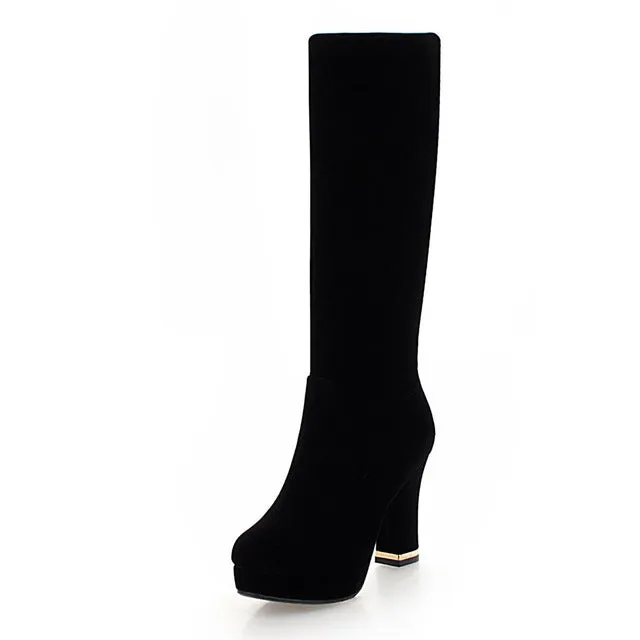 Knee-High Boots Women Square High Heels