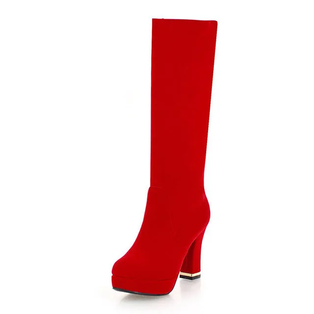 Knee-High Boots Women Square High Heels