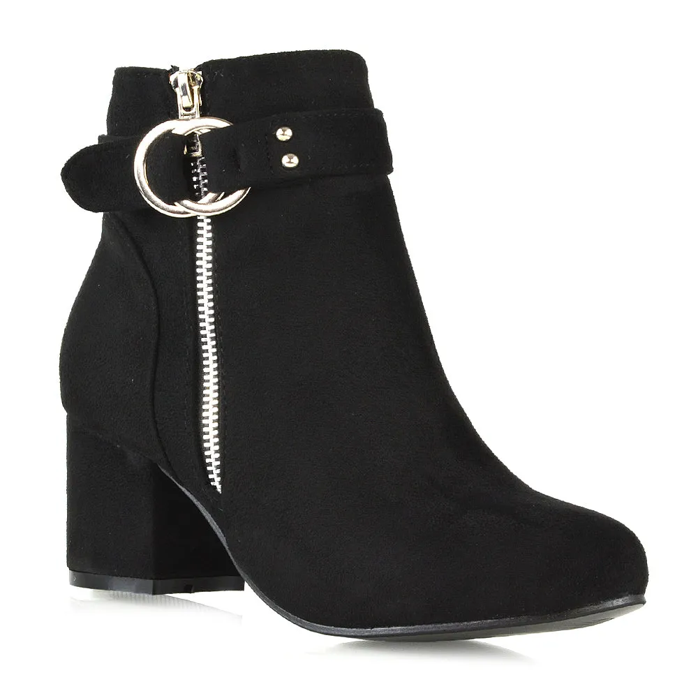 Lakesha Strap Detail Outer Zip Low Block Heeled Ankle Boots in Black Faux Suede