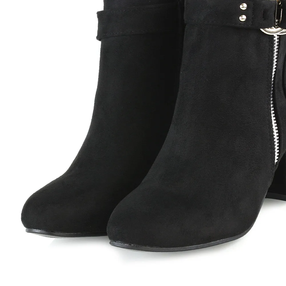 Lakesha Strap Detail Outer Zip Low Block Heeled Ankle Boots in Black Faux Suede