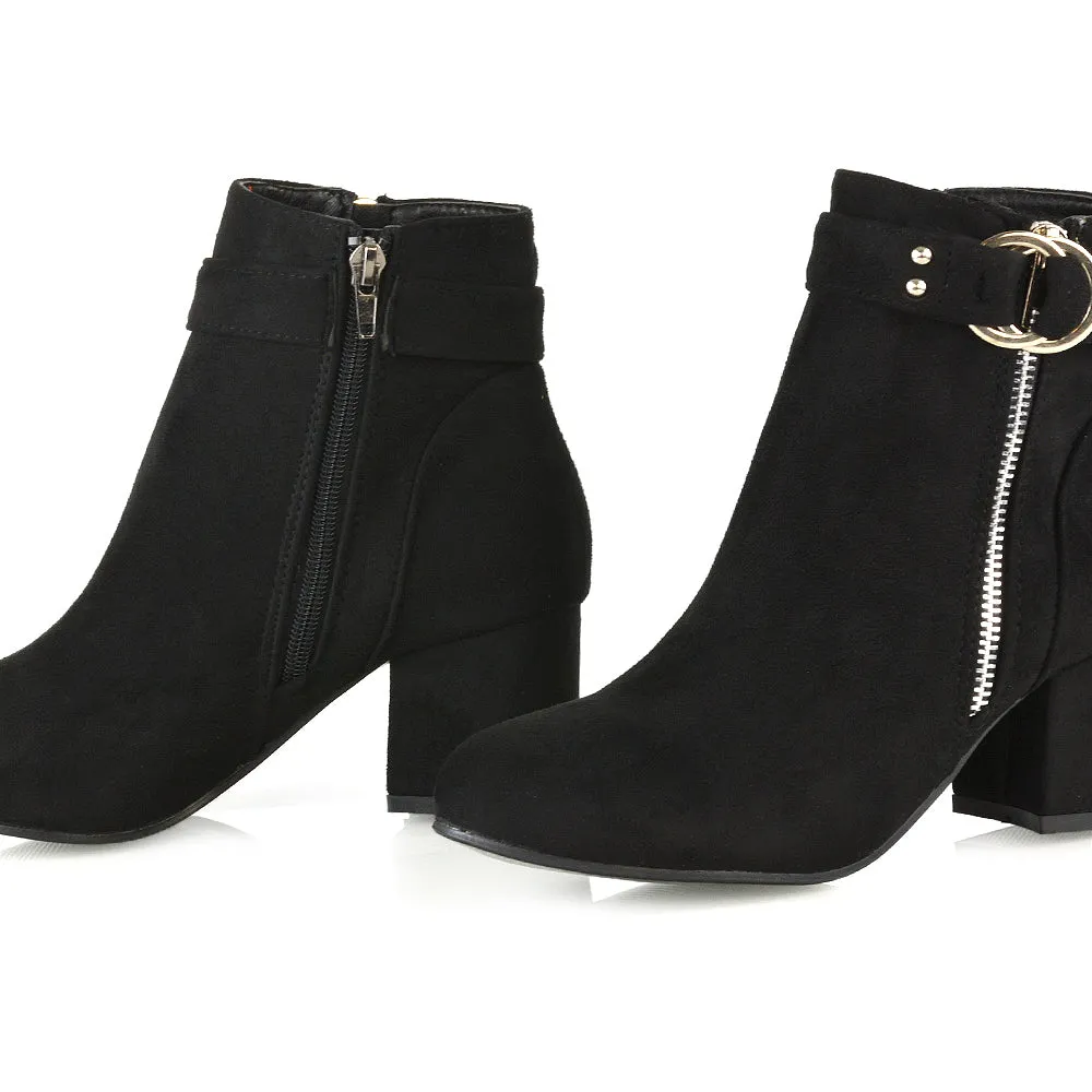 Lakesha Strap Detail Outer Zip Low Block Heeled Ankle Boots in Black Faux Suede