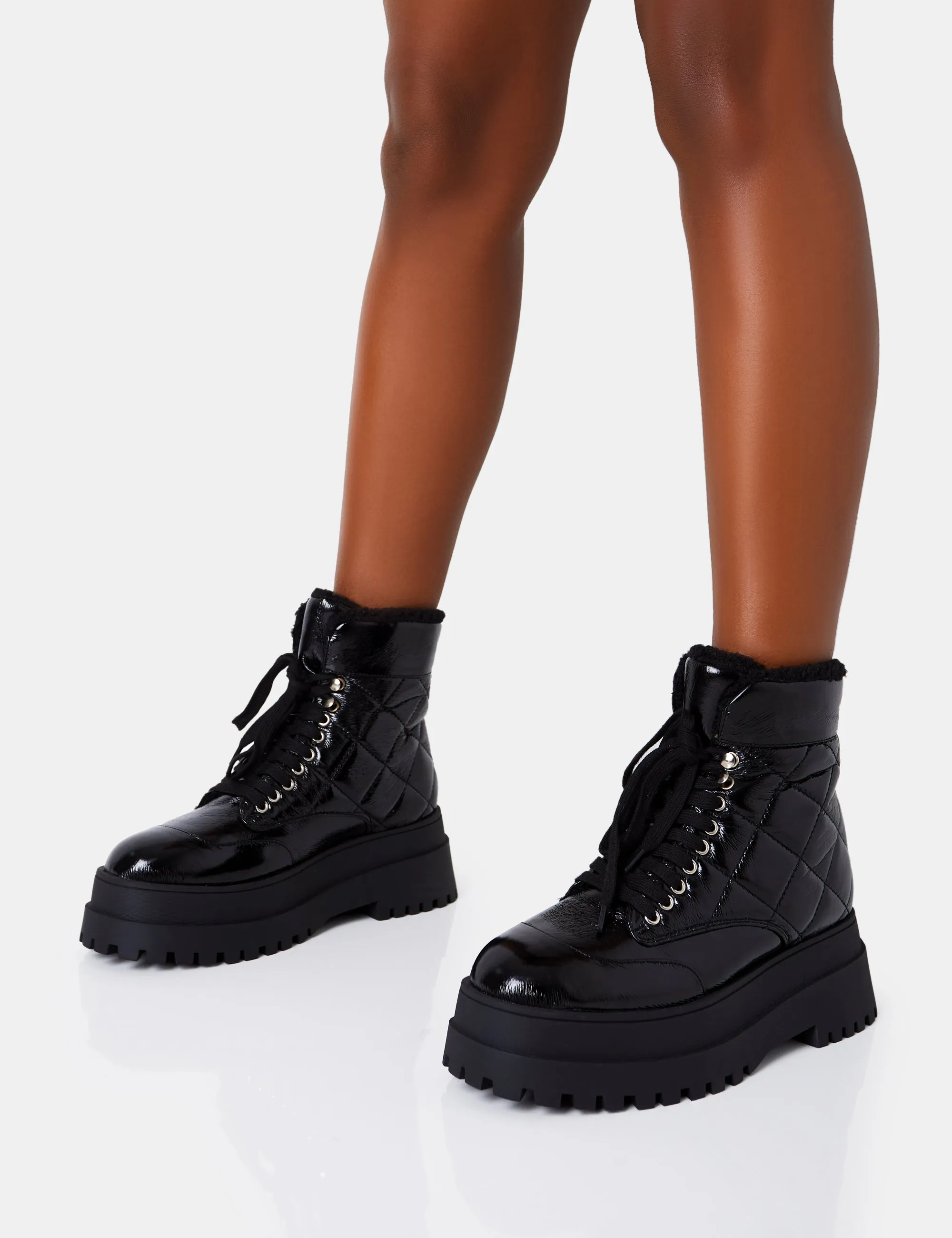 Magda Black Patent Quilted Chunky Sole Rounded Toe Ankle Boots