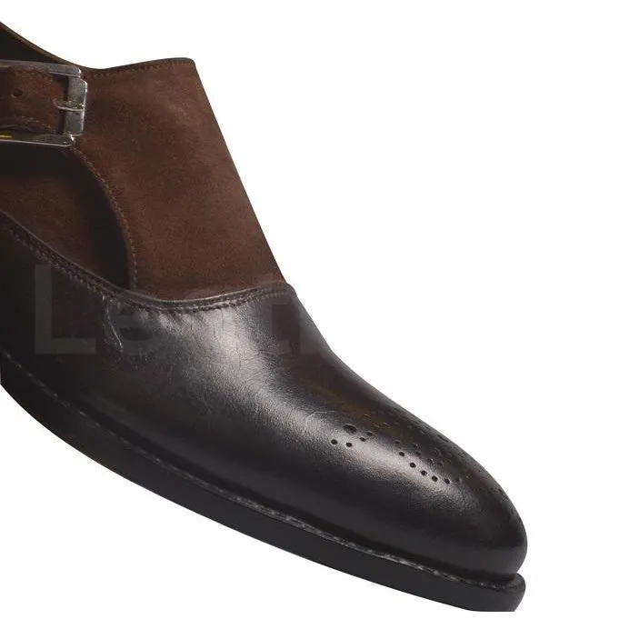 Men Brown Brogue Single Monk Suede and Genuine Leather Shoes