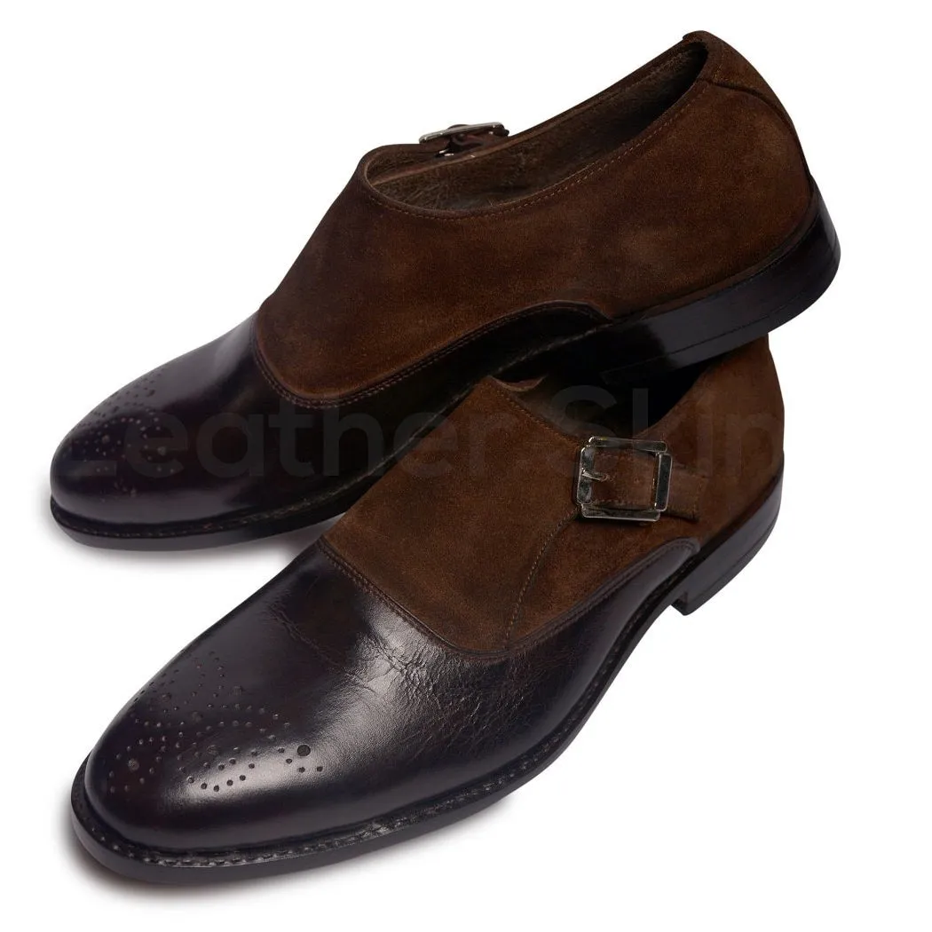 Men Brown Brogue Single Monk Suede and Genuine Leather Shoes