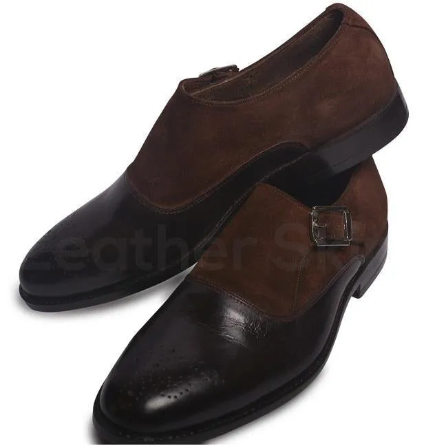 Men Brown Brogue Single Monk Suede and Genuine Leather Shoes