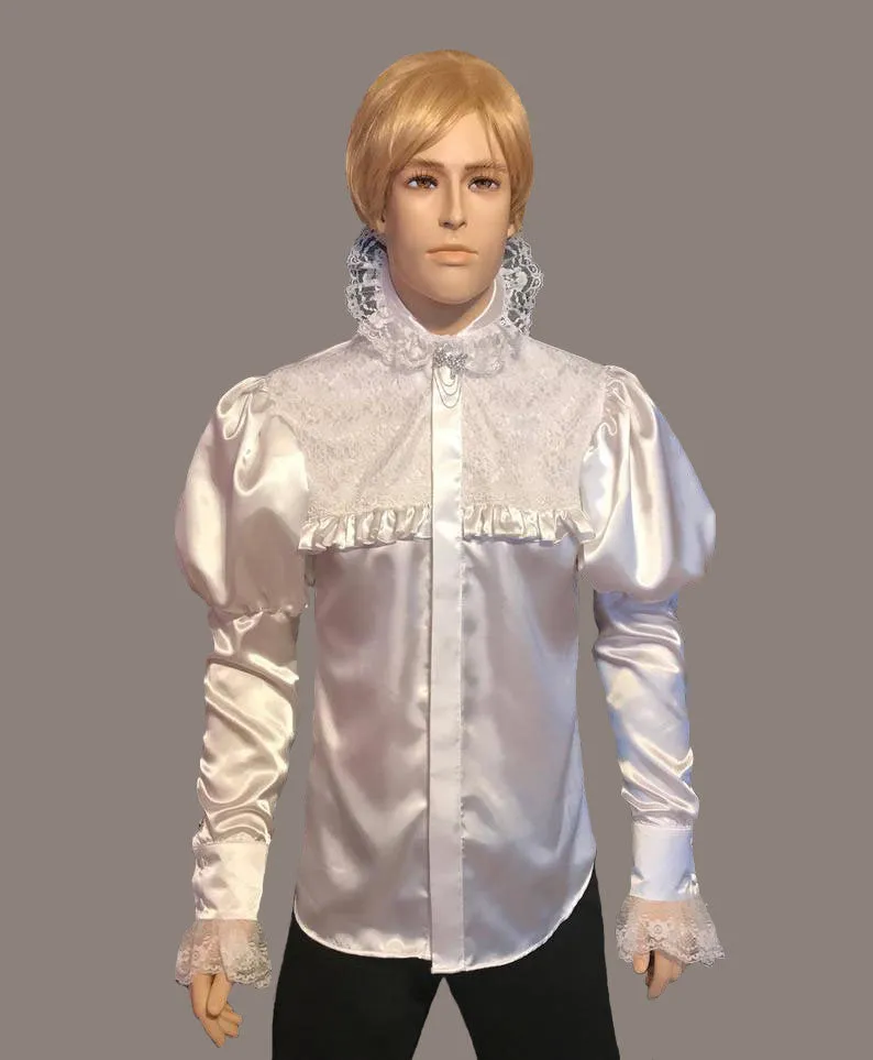 Men's Victorian Satin& Lace Details Men Shirt