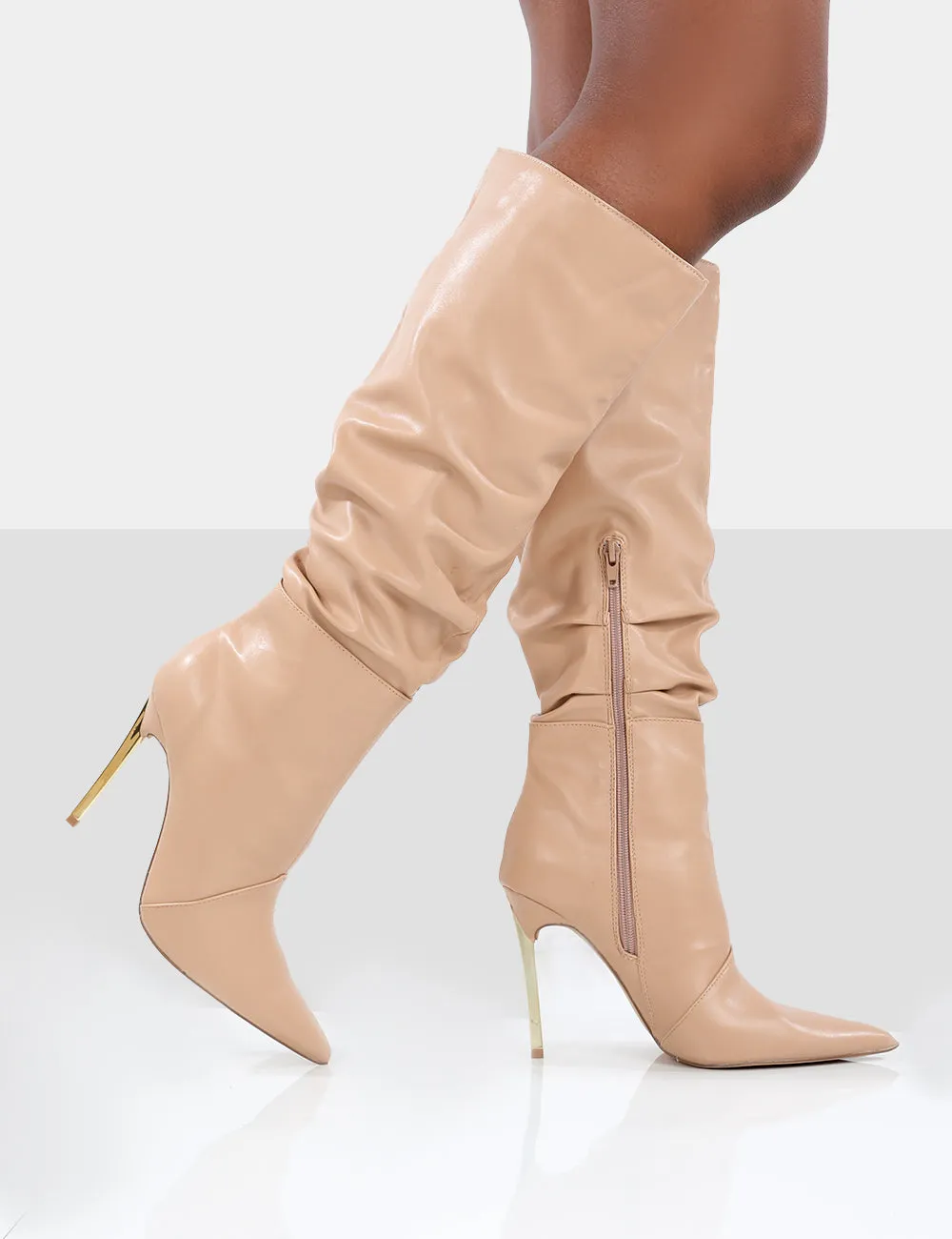 Monica Nude PU Pointed Toe Stiletto Knee High Boots