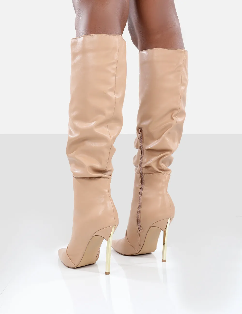 Monica Nude PU Pointed Toe Stiletto Knee High Boots