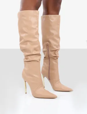 Monica Nude PU Pointed Toe Stiletto Knee High Boots