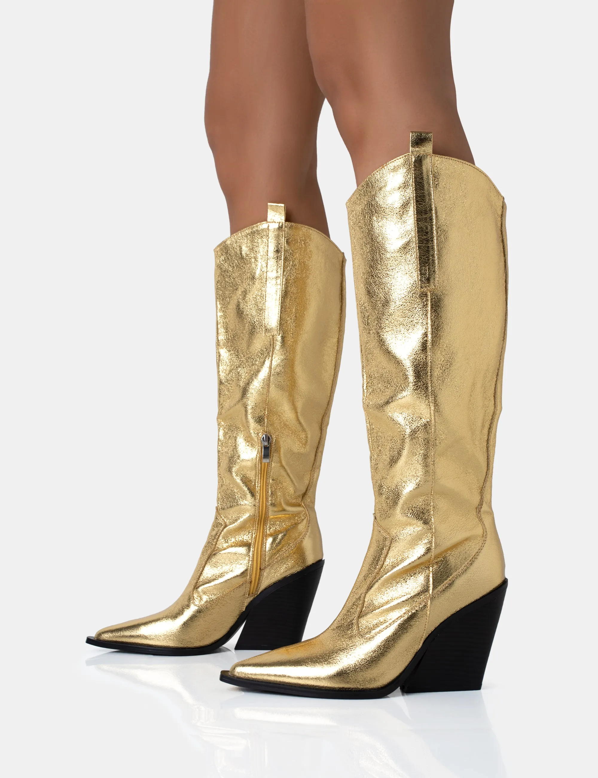 Nevada Gold Metallic Western Cowboy Block Heel Knee High Boots