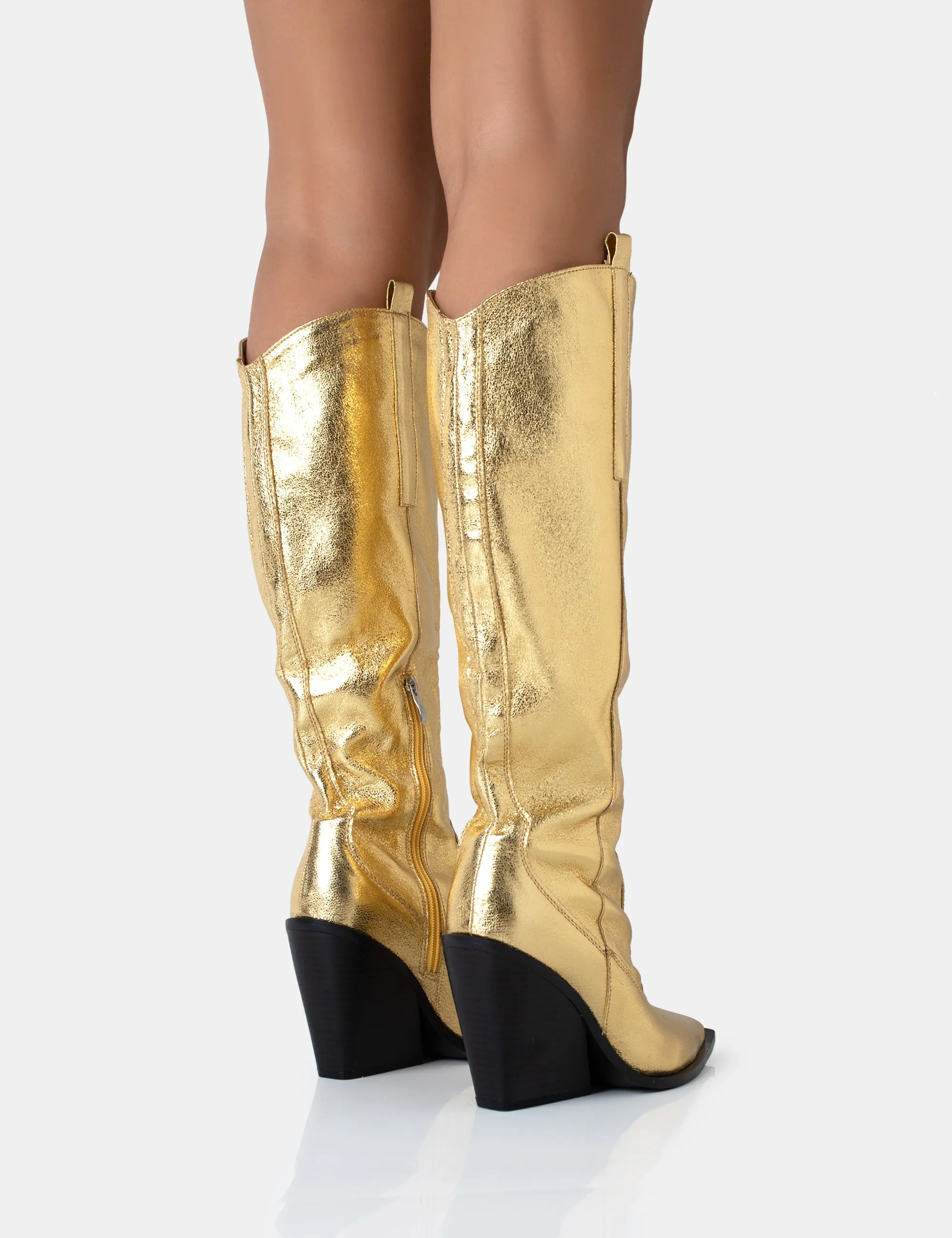 Nevada Gold Metallic Western Cowboy Block Heel Knee High Boots