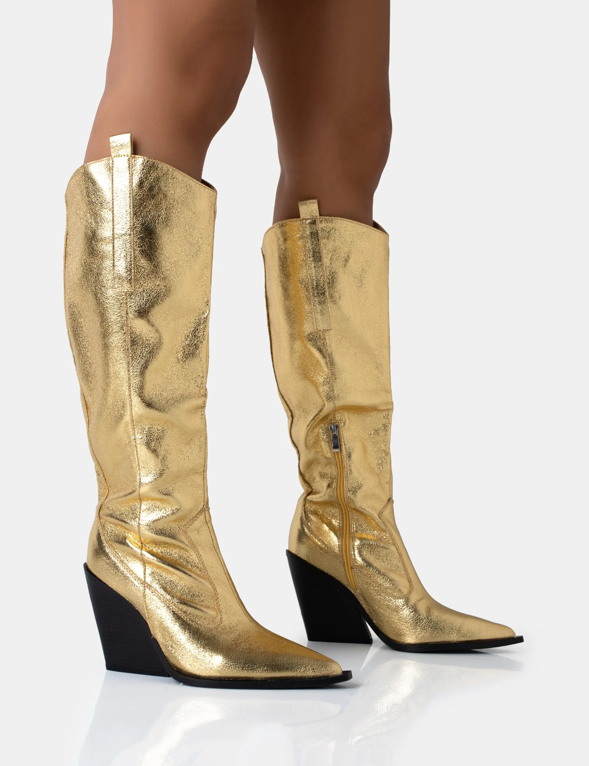 Nevada Gold Metallic Western Cowboy Block Heel Knee High Boots