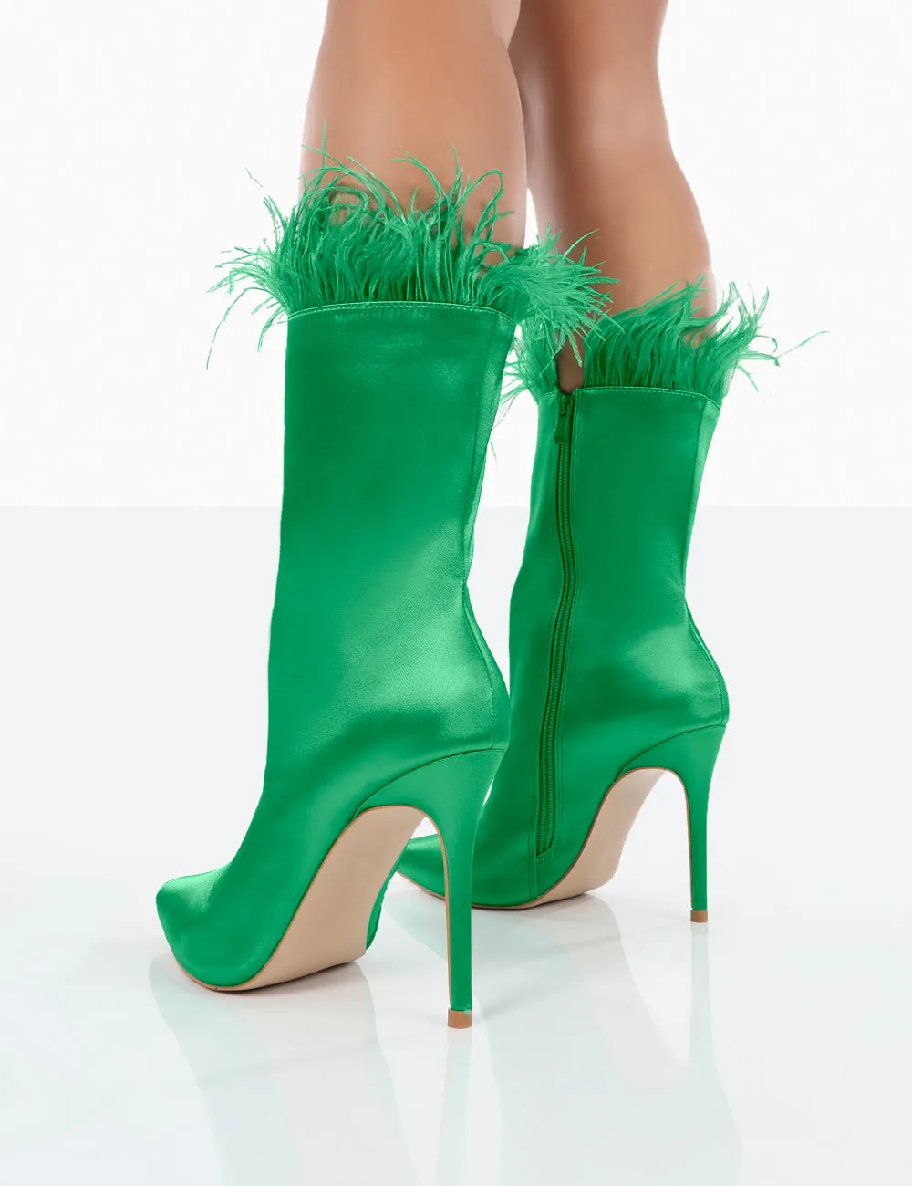 Out Out Green Satin Pointed Toe Faux Feather Ankle Boots