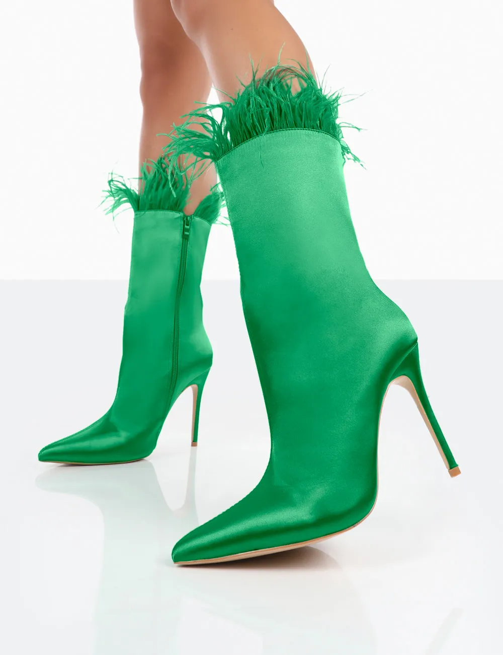 Out Out Green Satin Pointed Toe Faux Feather Ankle Boots