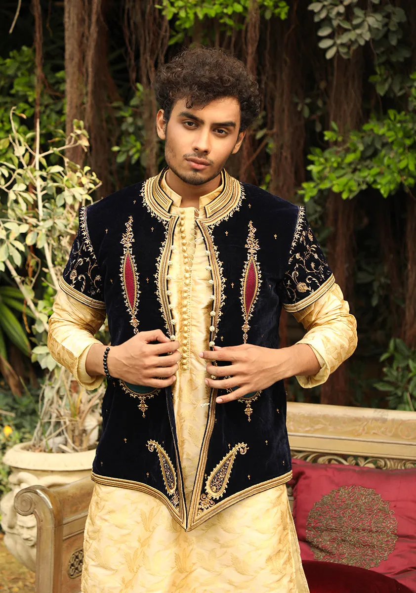 Premium Velvet Blue Talpuri Waistcoat along with Jamawar Suit and Shawl