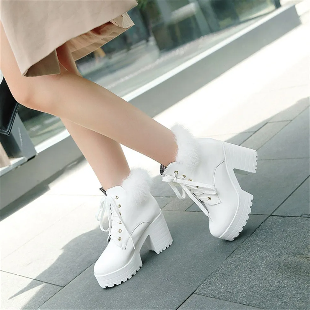 real fur short thick square High Heels Ankle Boots