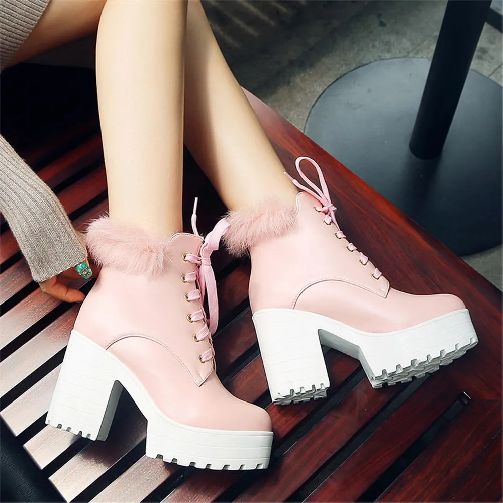 real fur short thick square High Heels Ankle Boots