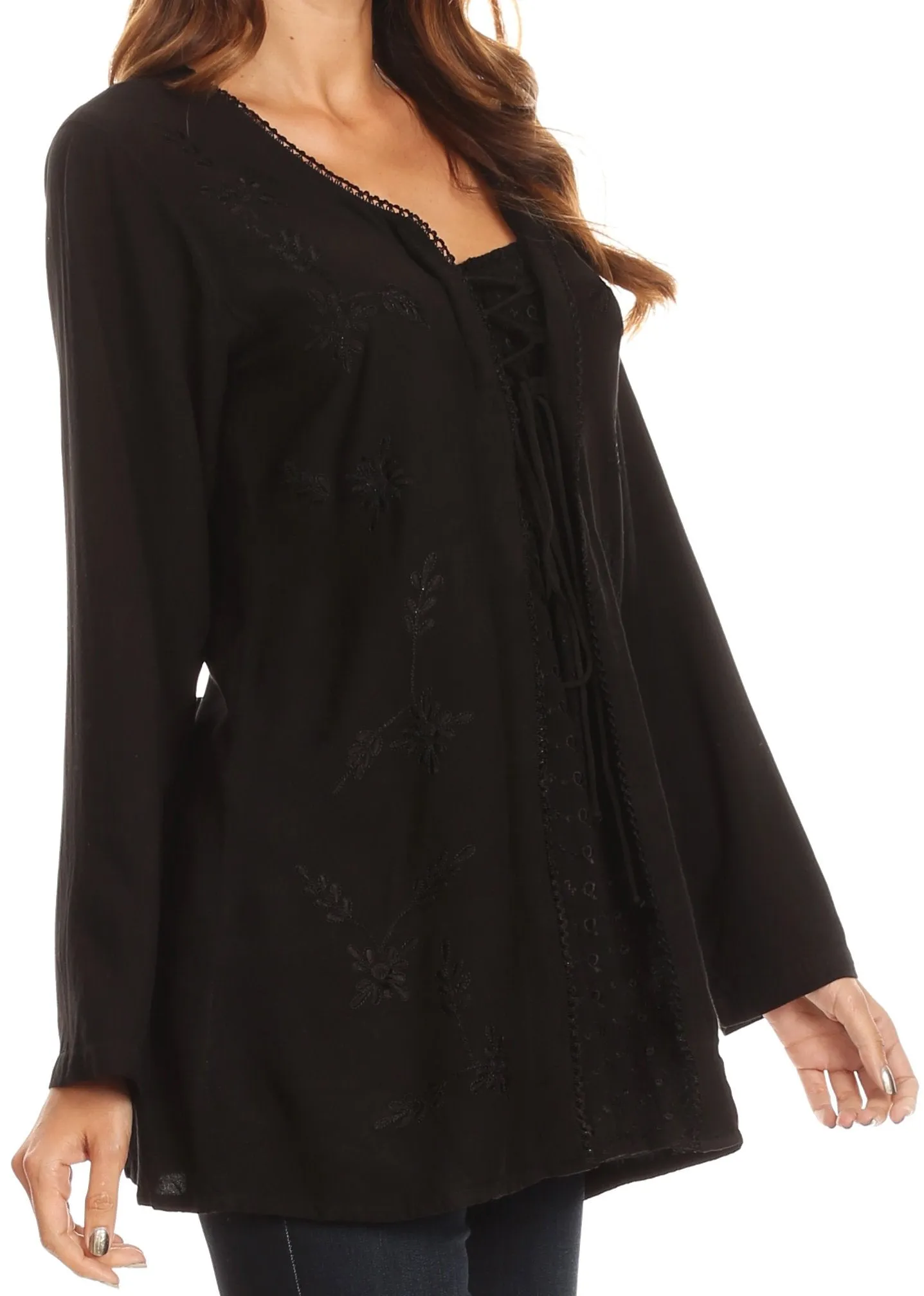 Sakkas Caylyan Long Adjustable Embroidered Long Sleeve Blouse With Corset Top