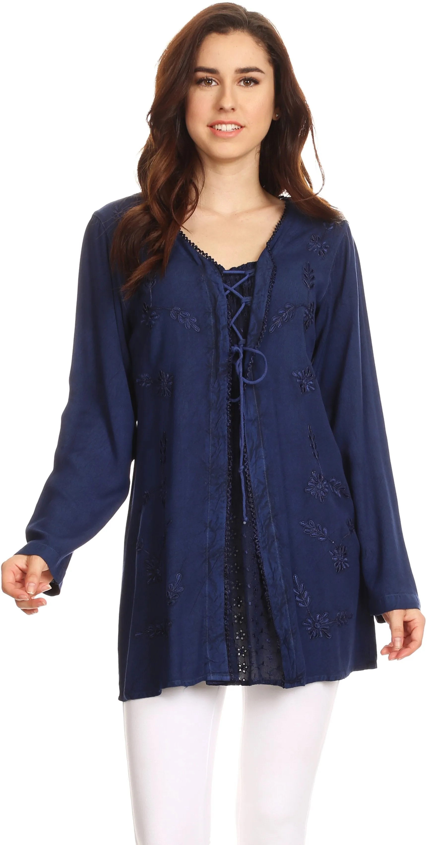 Sakkas Caylyan Long Adjustable Embroidered Long Sleeve Blouse With Corset Top