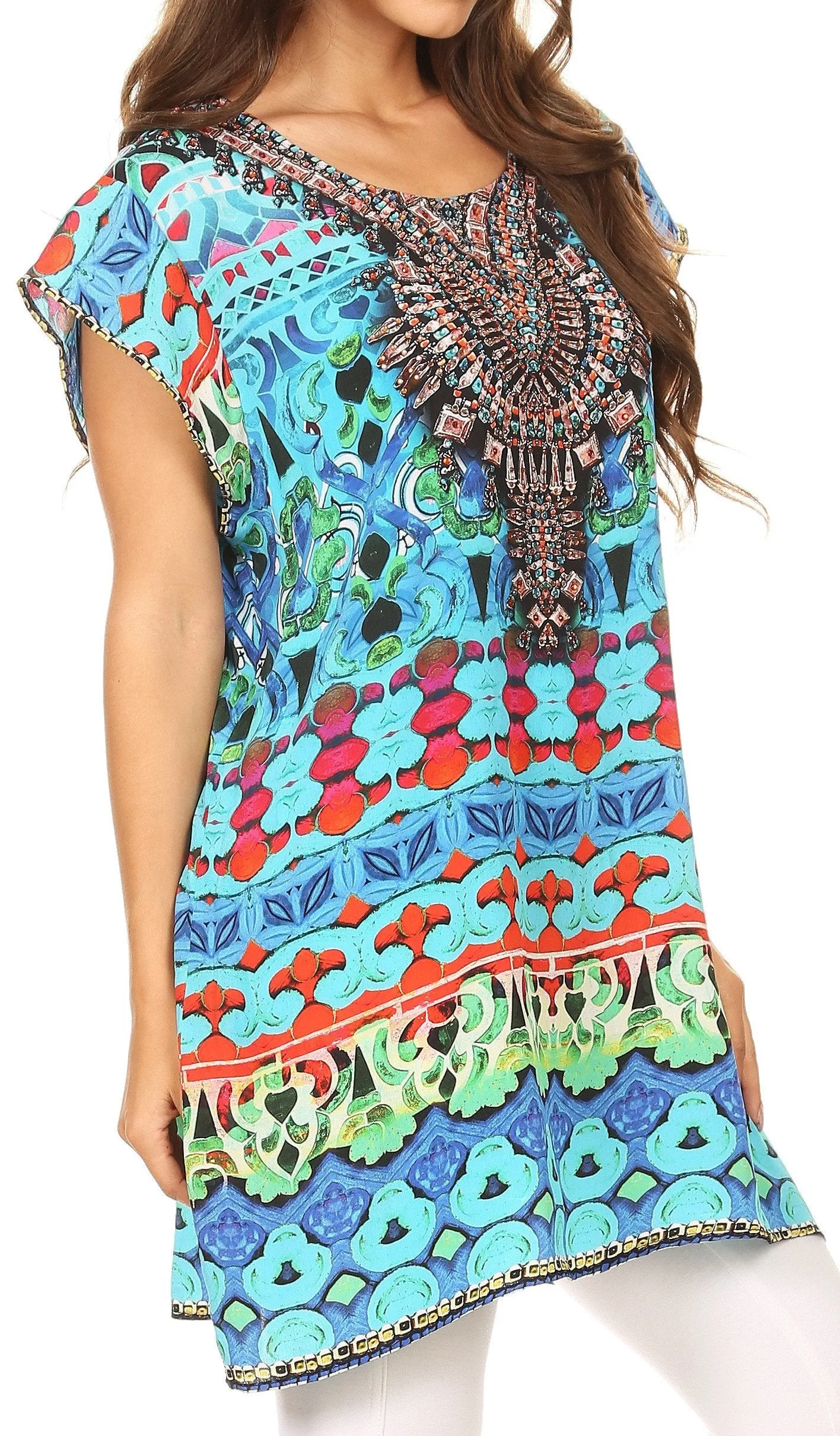 Sakkas Lesedi Top Blouse With Cap Sleeves Colorful Print and Rhinestones