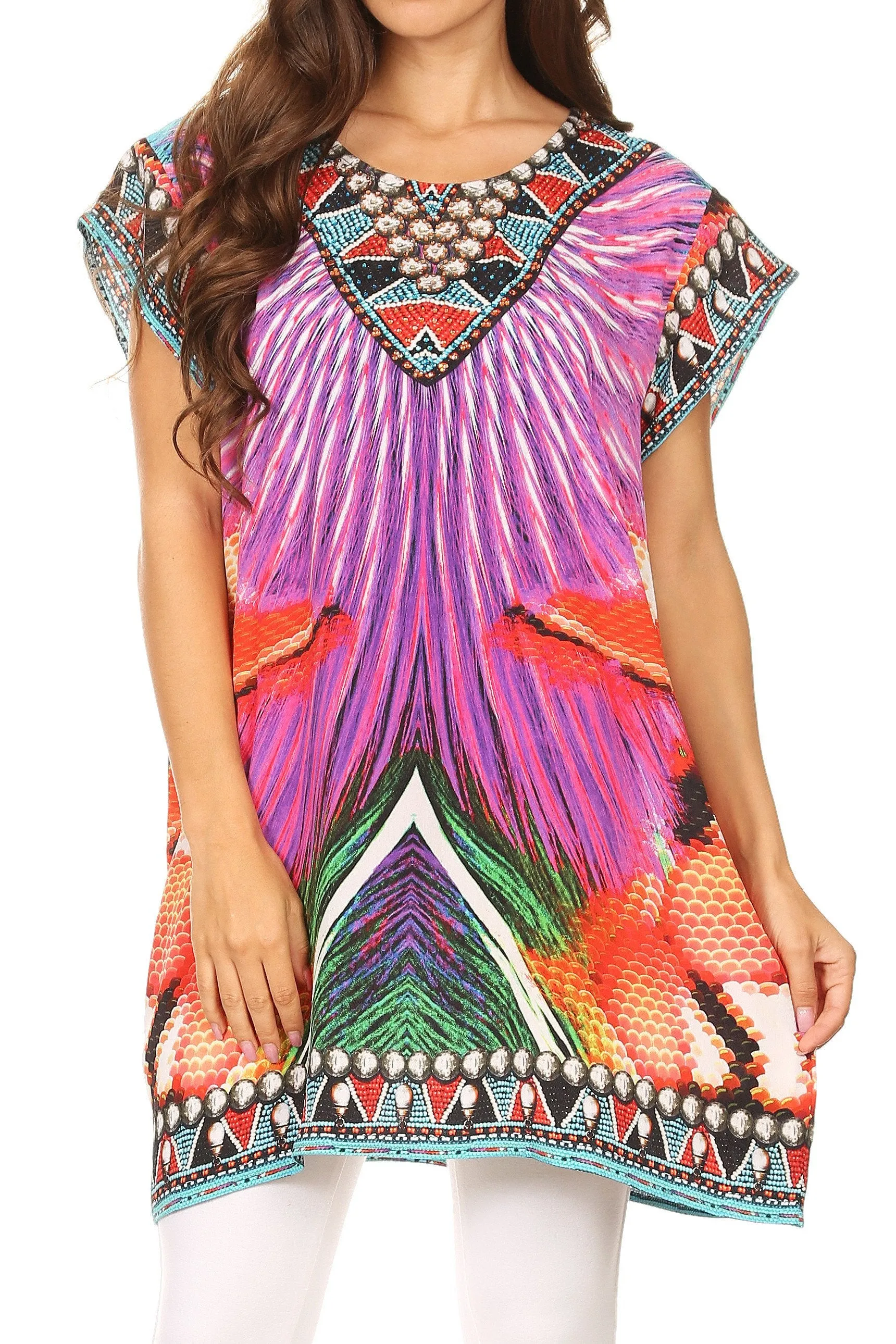 Sakkas Lesedi Top Blouse With Cap Sleeves Colorful Print and Rhinestones