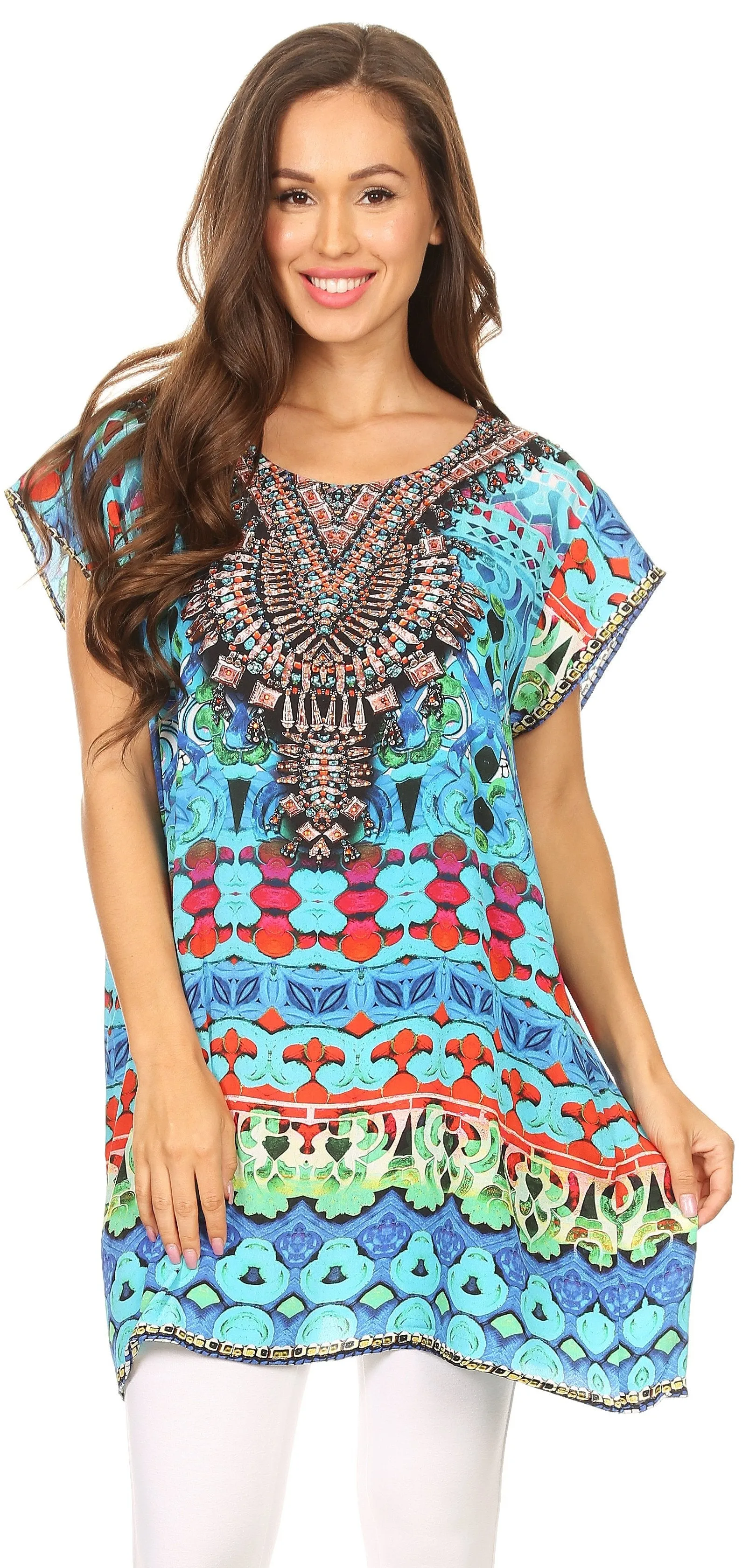 Sakkas Lesedi Top Blouse With Cap Sleeves Colorful Print and Rhinestones