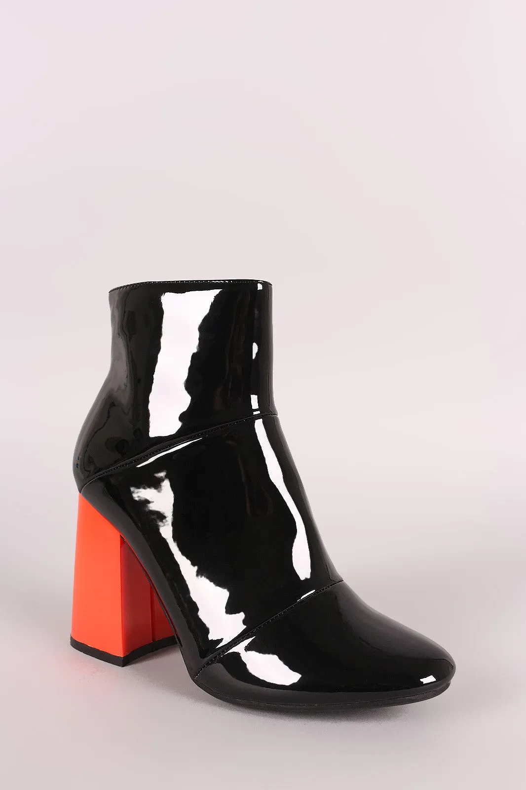 Seamed Contrast Chunky Heeled Patent Ankle Boots