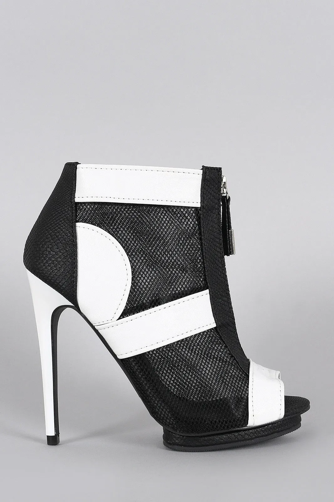 Snake Embossed Mesh Peep Toe Zip-Up Stiletto Booties