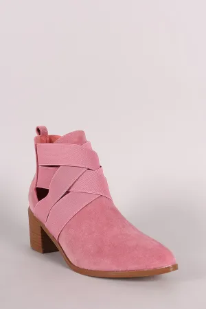 Suede Elasticized Woven Pointy Toe Block Heeled Booties