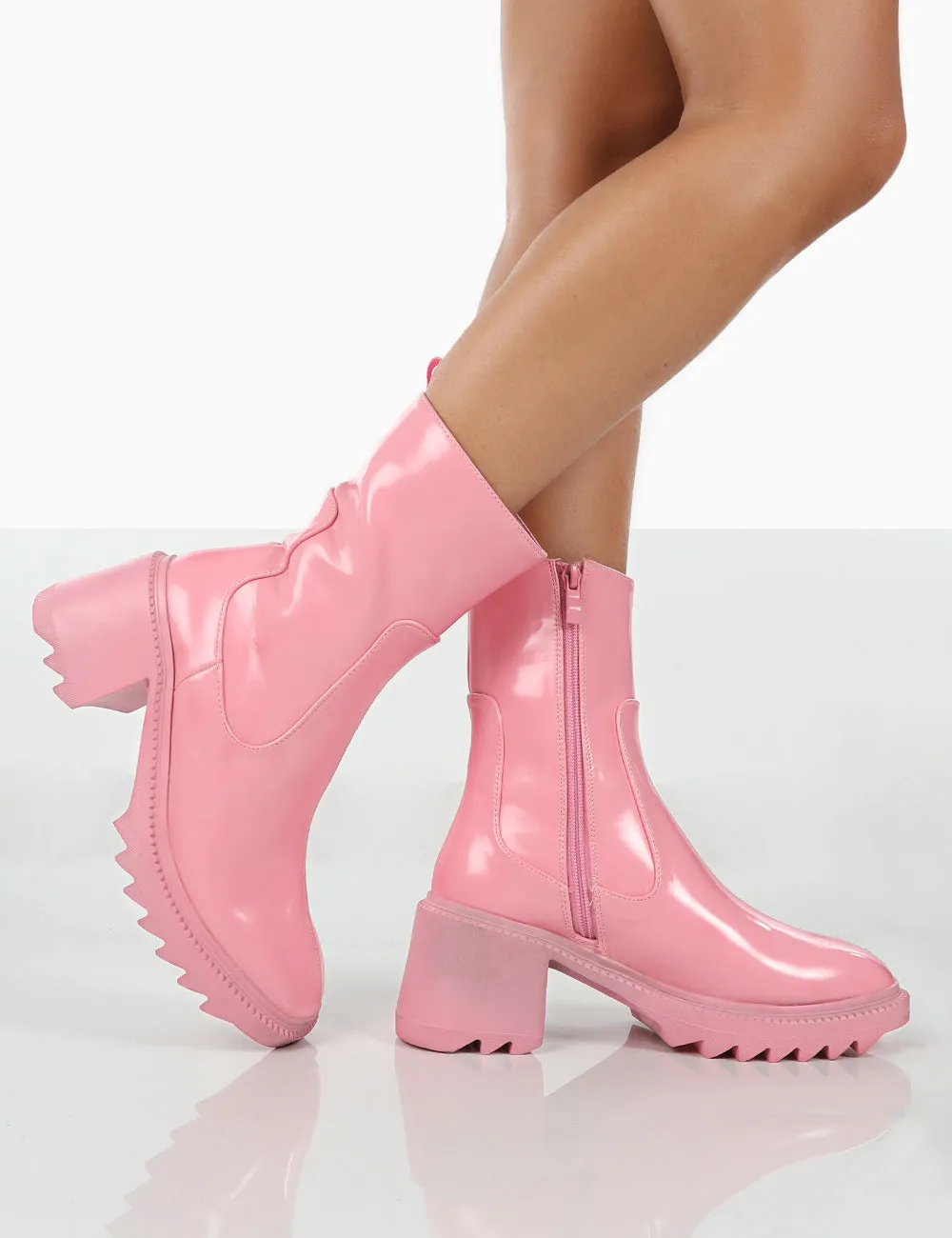 Sway Pink PU Heeled Wellies Ankle Boots