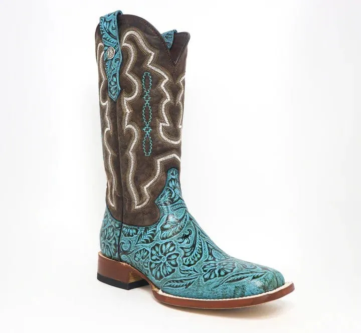 Tanner Mark Women's 'Misty" Hand Tooled Square Toe Leather Boots Turquoise TML207067