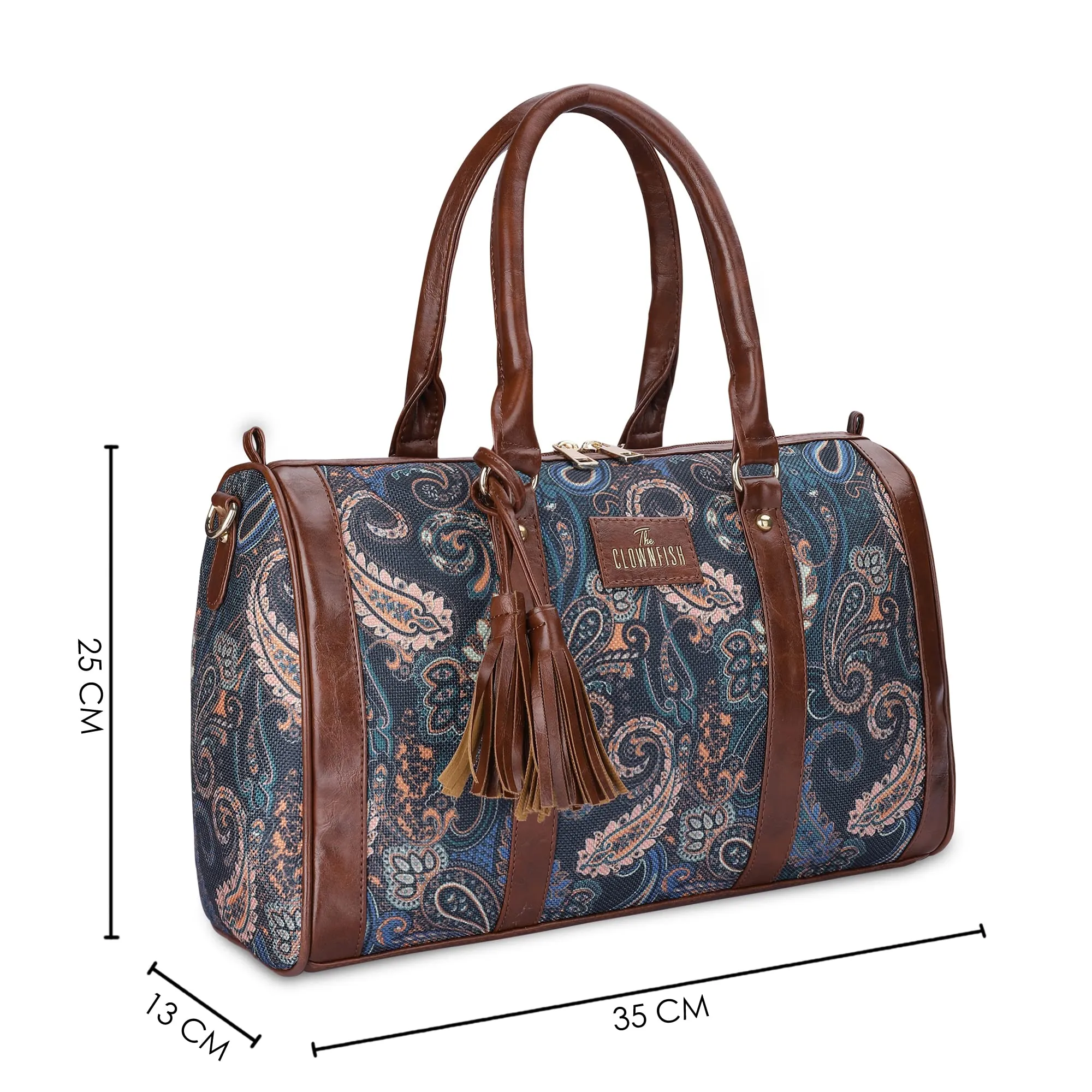 THE CLOWNFISH Lorna Printed Handicraft Fabric & Faux Leather Handbag Sling Bag for Women Office Bag Ladies Shoulder Bag Tote For Women College Girls (Peacock Blue-Floral)