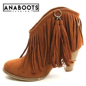 Vintage Fringe High Heels Ankle Boots