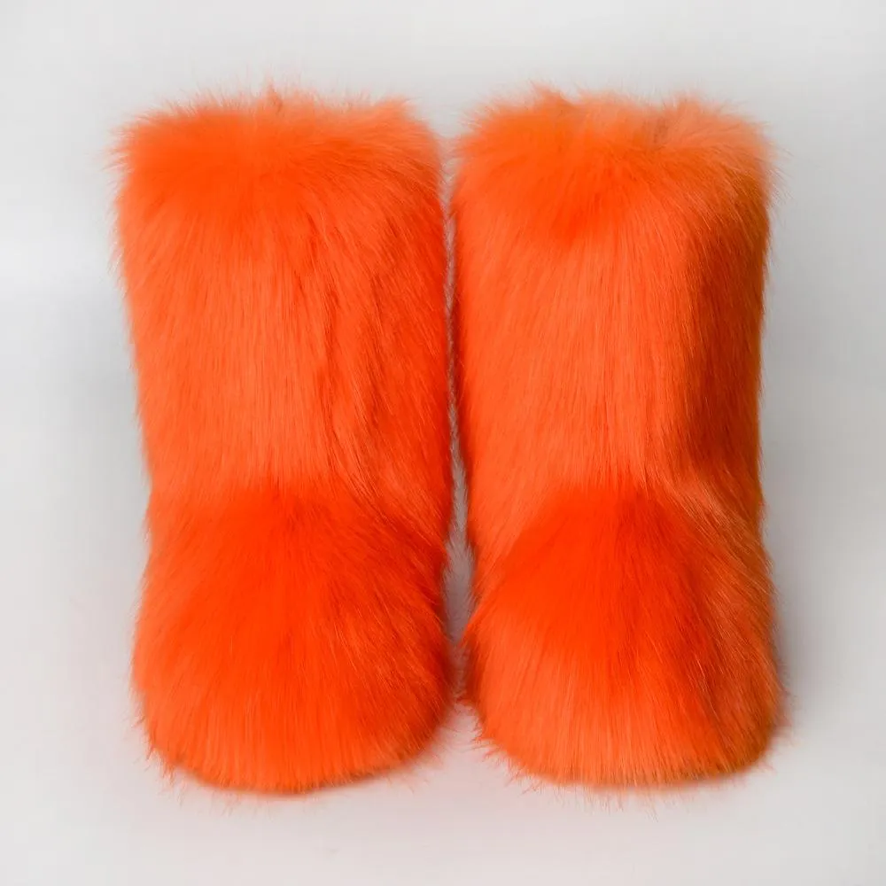 Women faux fur winter mid calf flat snow boots