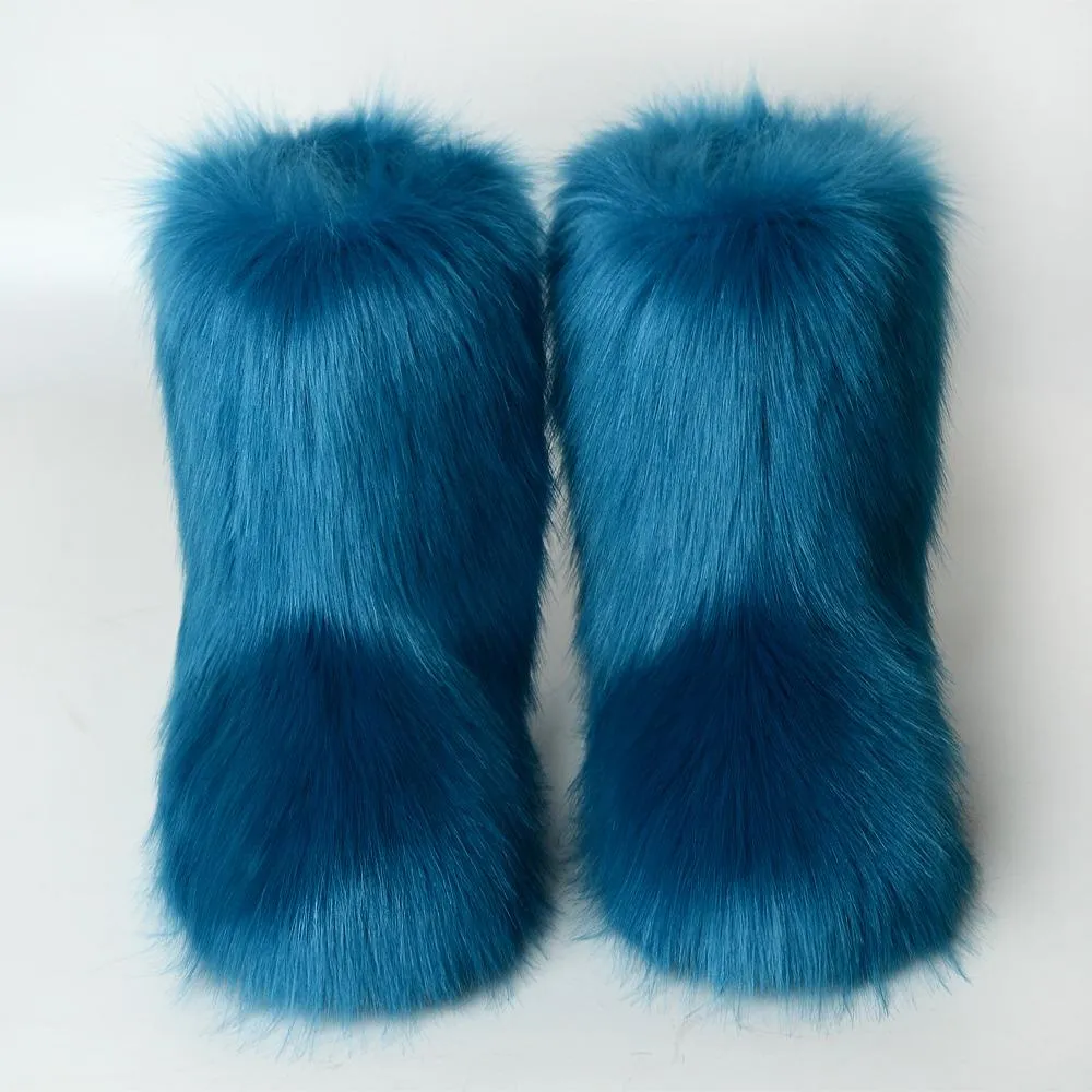 Women faux fur winter mid calf flat snow boots