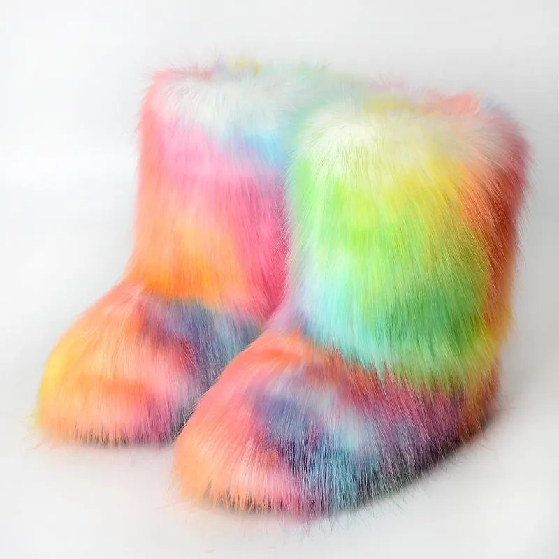 Women faux fur winter mid calf flat snow boots