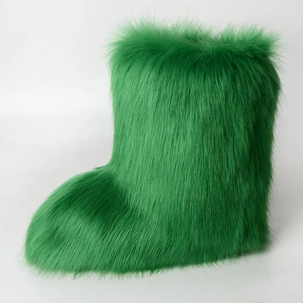 Women faux fur winter mid calf flat snow boots